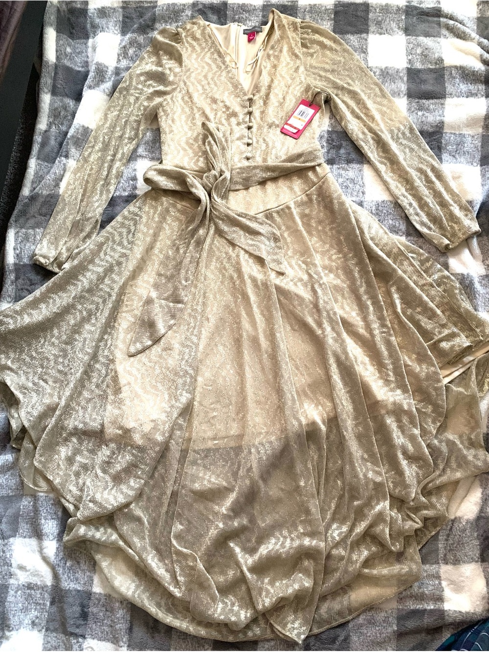 Vince Camuto Metallic Gold Velvet Wrap Maxi Dress with Tie Waist